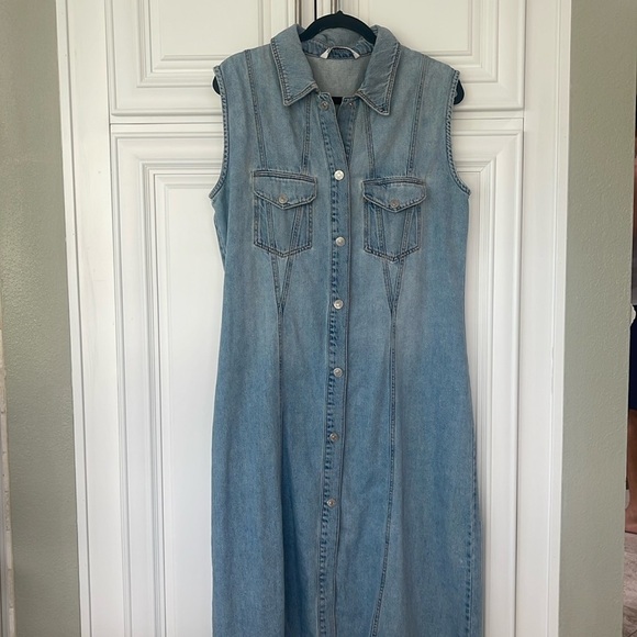 Zara blue maxi long denim jean distressed sleeveless button down dress sz XL - Picture 2 of 16